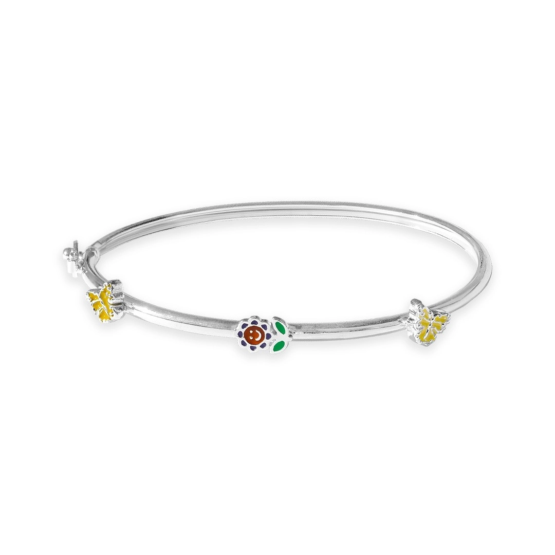 Bracelete de Prata Leve Infantil com Flor Colorida e Borboleta Amarela