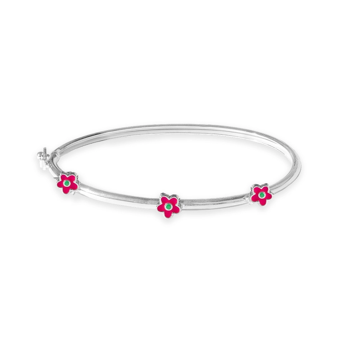 Bracelete de Prata Leve Infantil com Flor Rosa e Verde Esmaltada