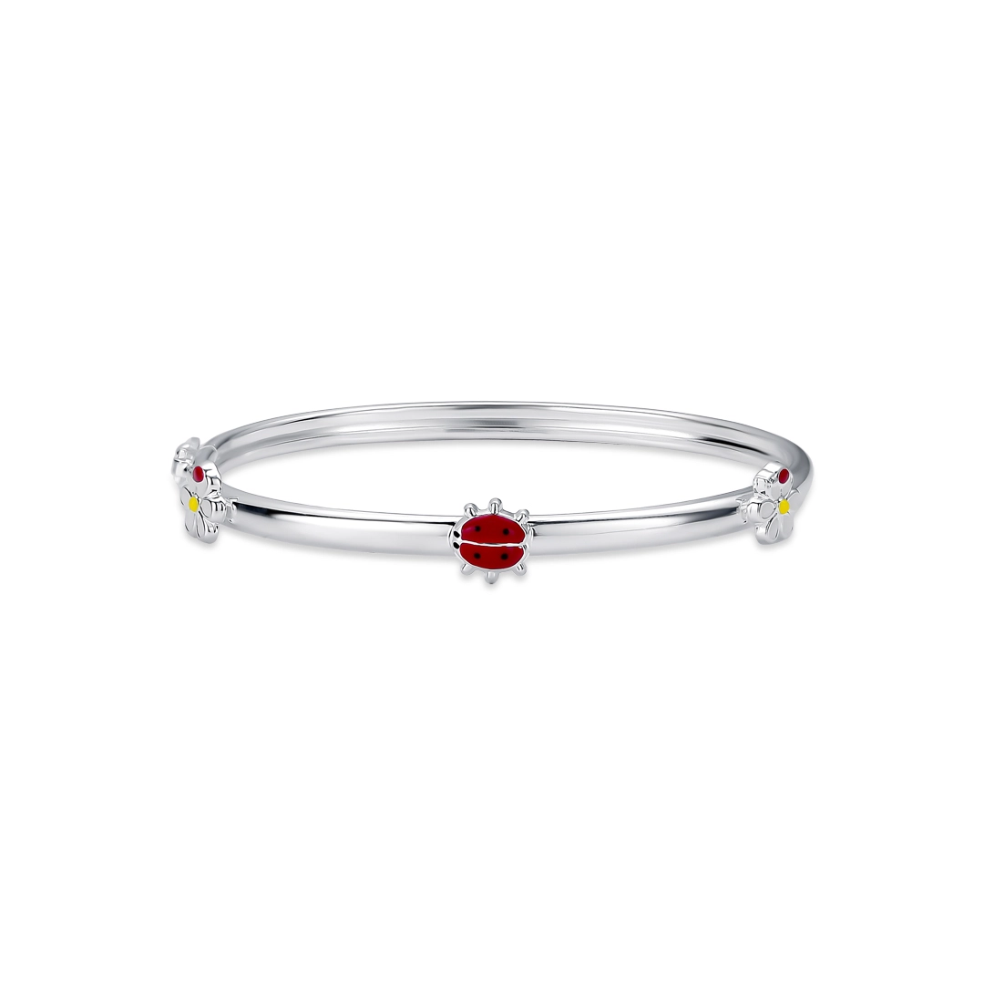 Bracelete de Prata Leve Infantil com Joaninha e Flores