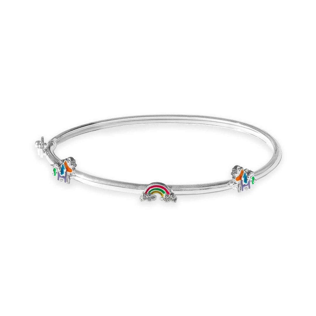 Bracelete de Prata Leve Infantil com Unicórnio e Arco Íris Esmaltado