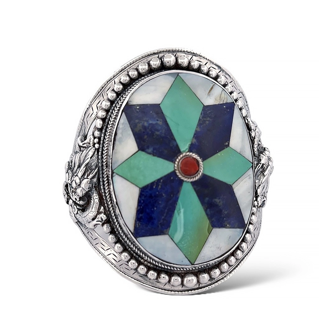 Bracelete de Prata Trabalhado com Turquesa, Madrepérola e Lápis Lazuli