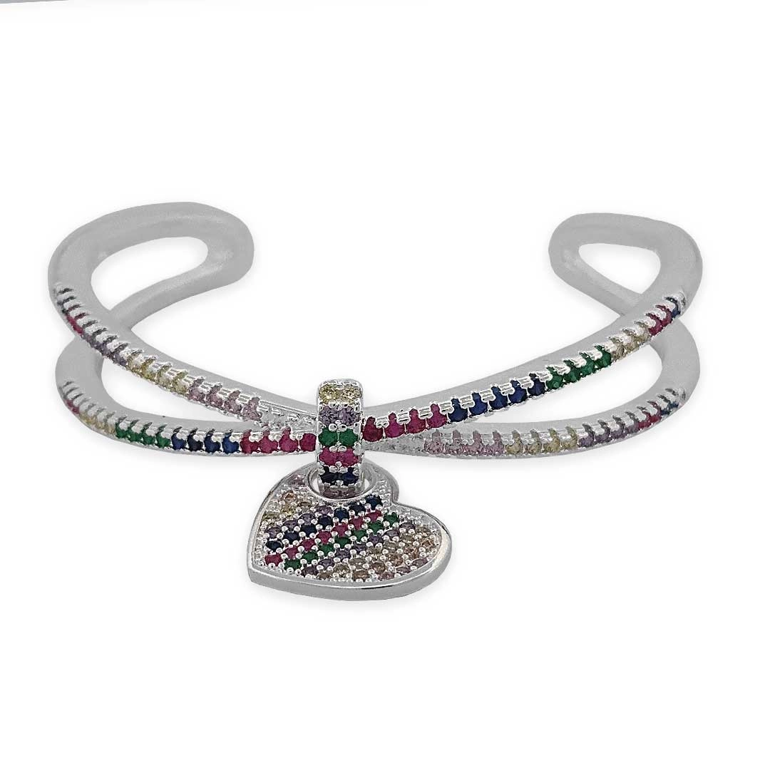 Bracelete Em Prata Leve Aberto Com Coração de Zircônia Colorida Cravejada 