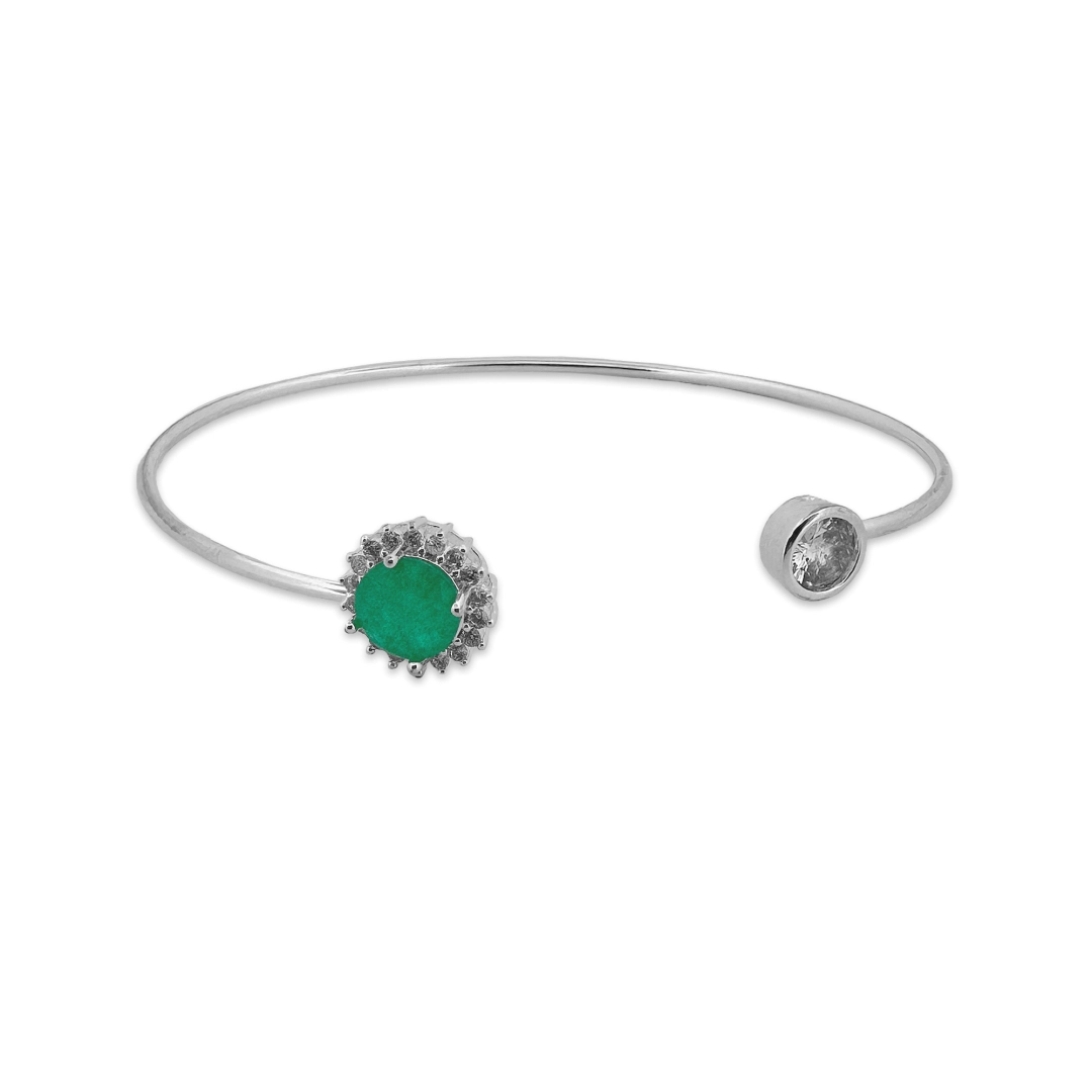 Bracelete Em Prata Leve Aberto com Zircônia Esmeralda Redonda e Zircônia Cristal 