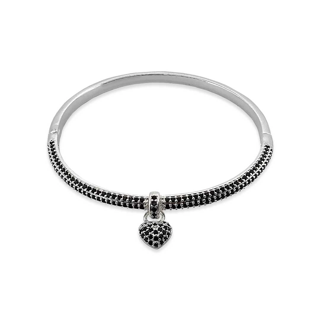 Bracelete Em Prata Leve Com Coração De Zircônia Ônix 