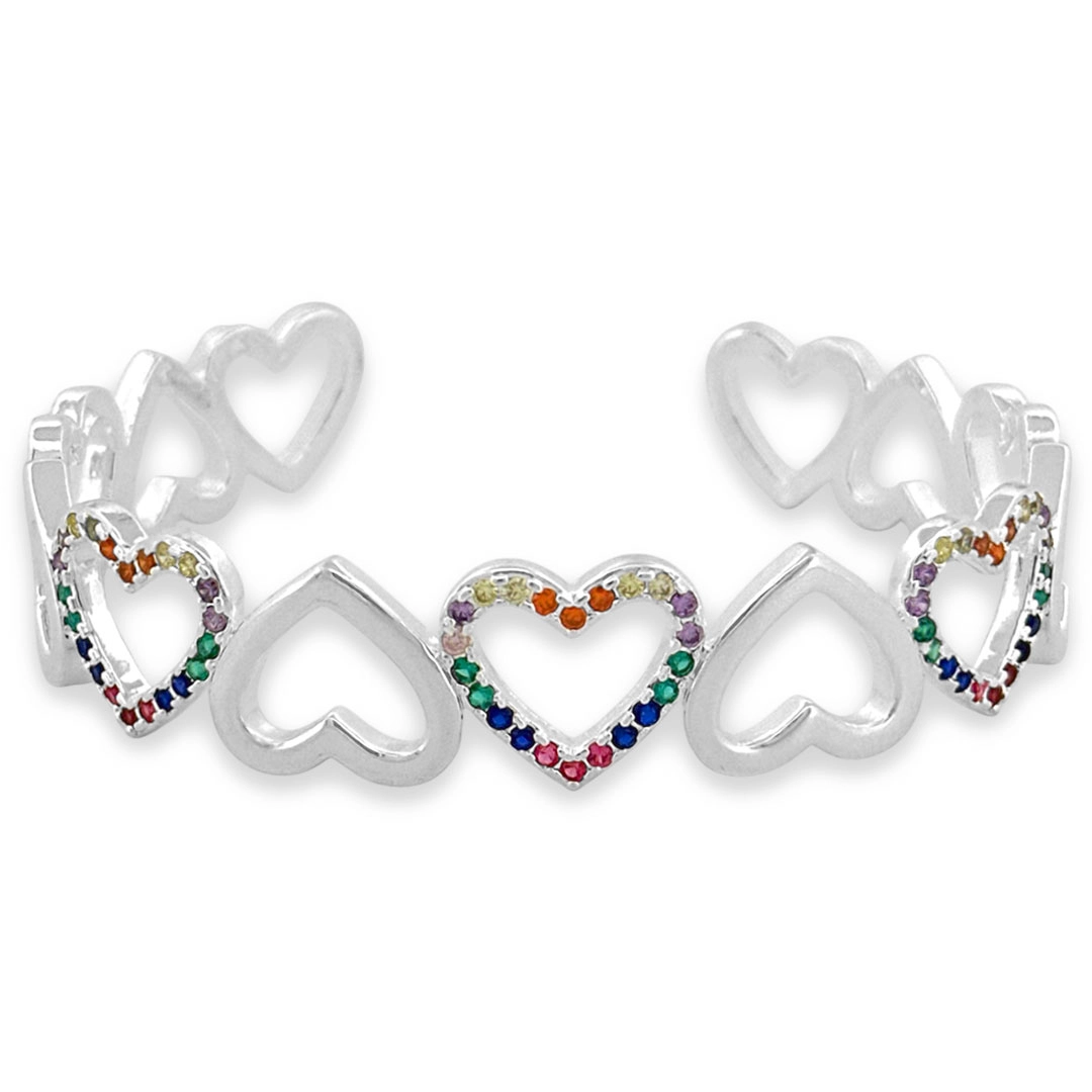 Bracelete Em Prata Leve de Corações Vazados e Zircônias Coloridas