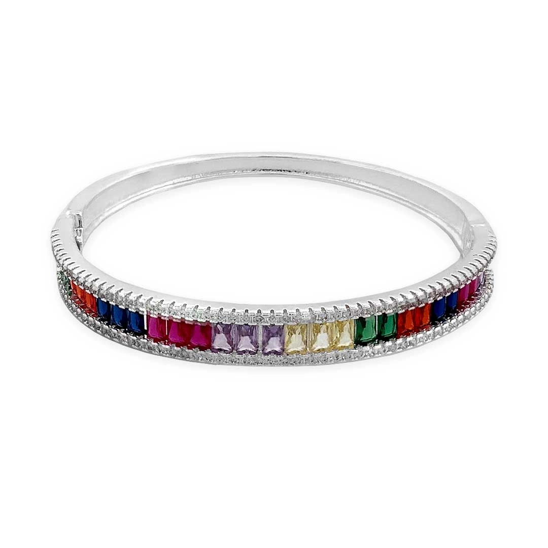Bracelete Em Prata Leve Espelhado com Zircônia Colorida Retangular