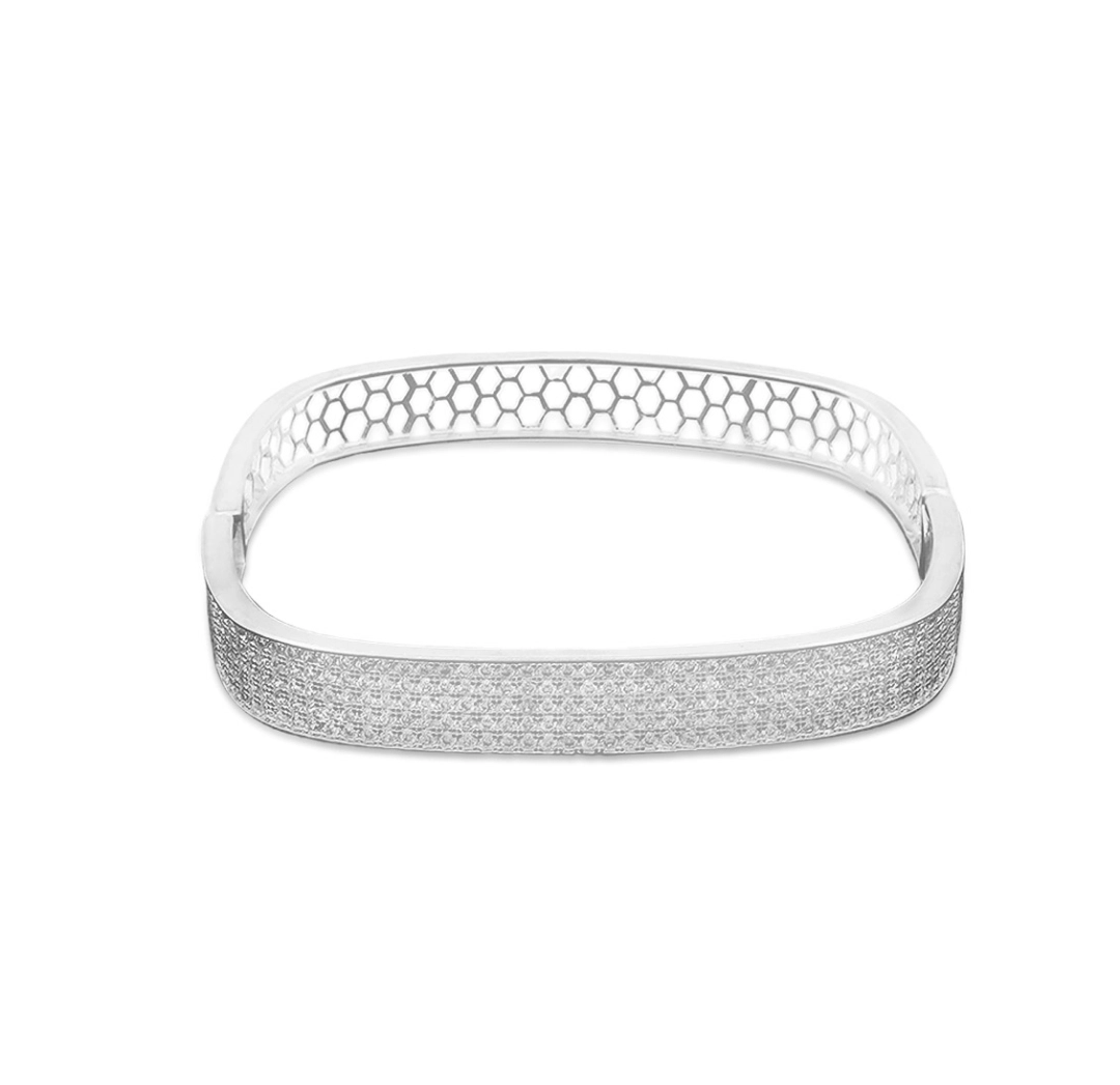 Bracelete Em Prata Leve Espelhado Quadrado com Zircônia Cristal