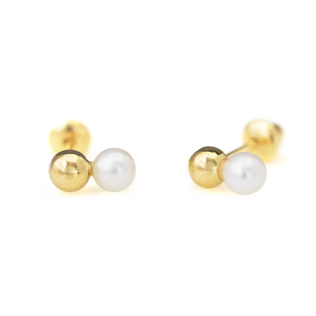 Brinco de Ouro 18k Baby Gold com Bolinha e Pérola