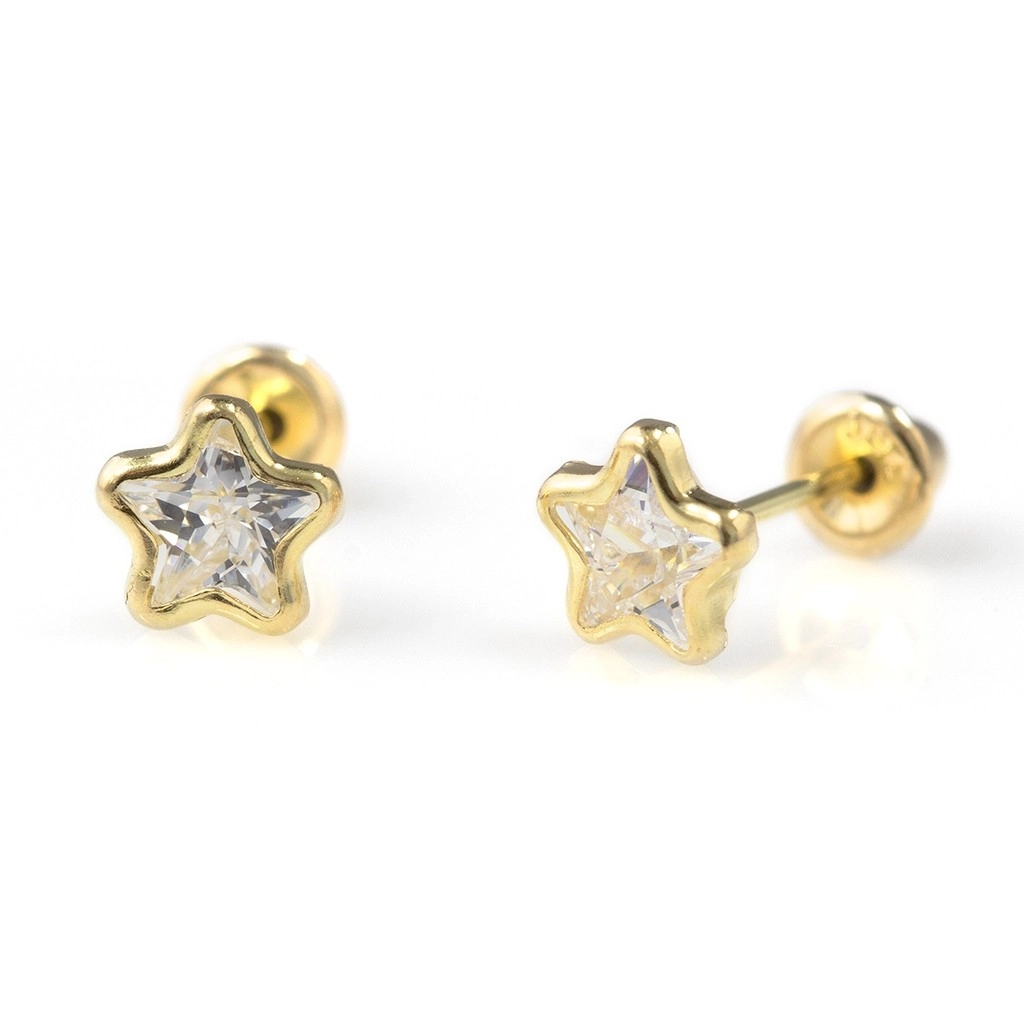 Brinco de Ouro 18k Baby Gold com Estrela de Zircônia Cristal e Cravação Inglesa 4 mm