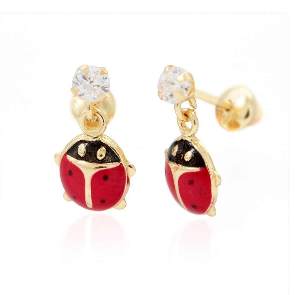 Brinco de Ouro 18k Baby Gold com Zircônia Cristal e Joaninha Esmaltada