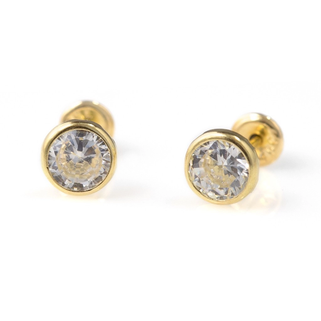 Brinco de Ouro 18k Baby Gold com Zircônia Cristal Redonda e Cravação Inglesa 4 mm