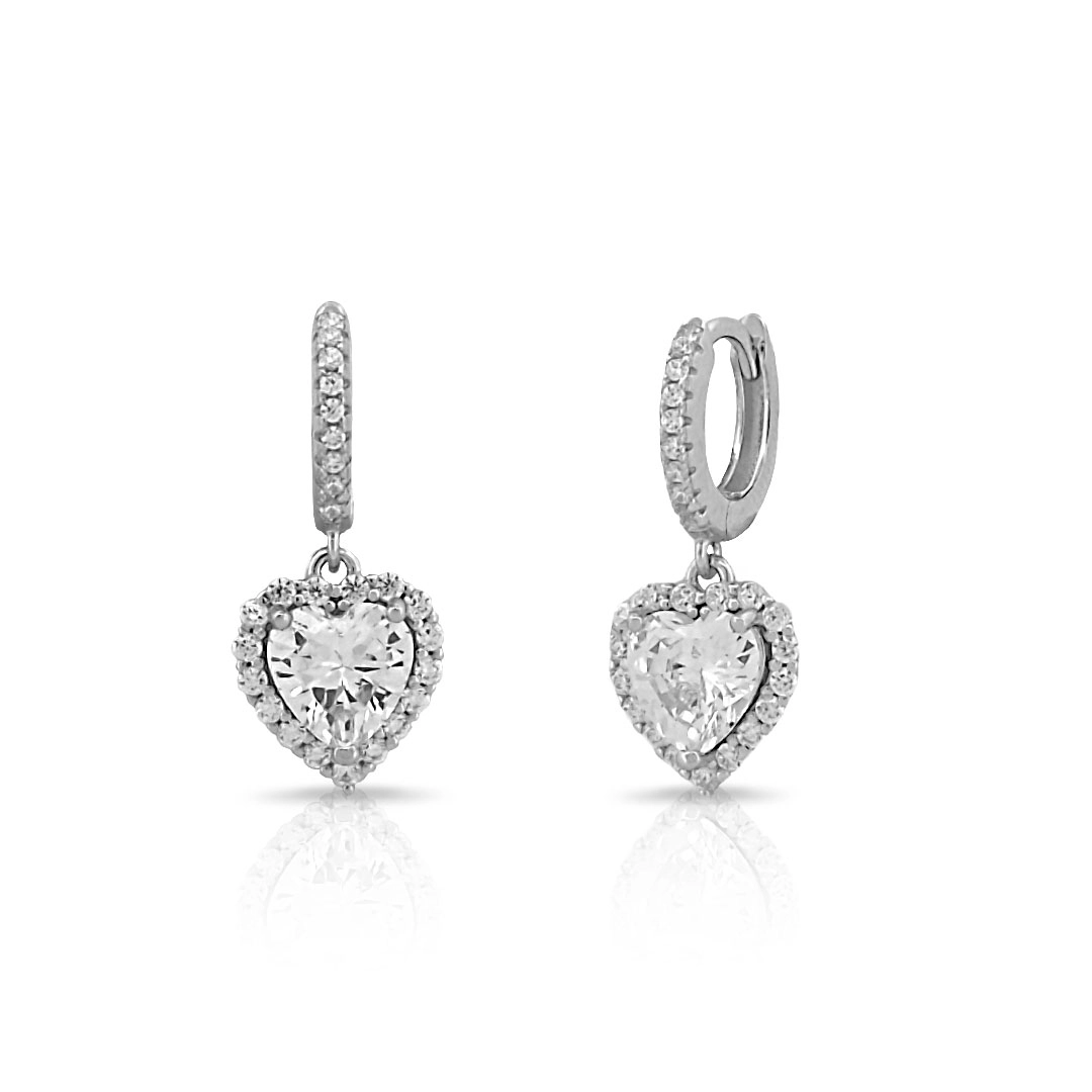 Brinco de Prata Argola Clic Balanço com Coração e Zircônias Cristal
