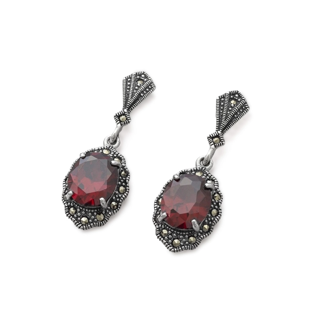 Brinco de Prata Balanço com Marcassita e Zircônia Rubi Oval