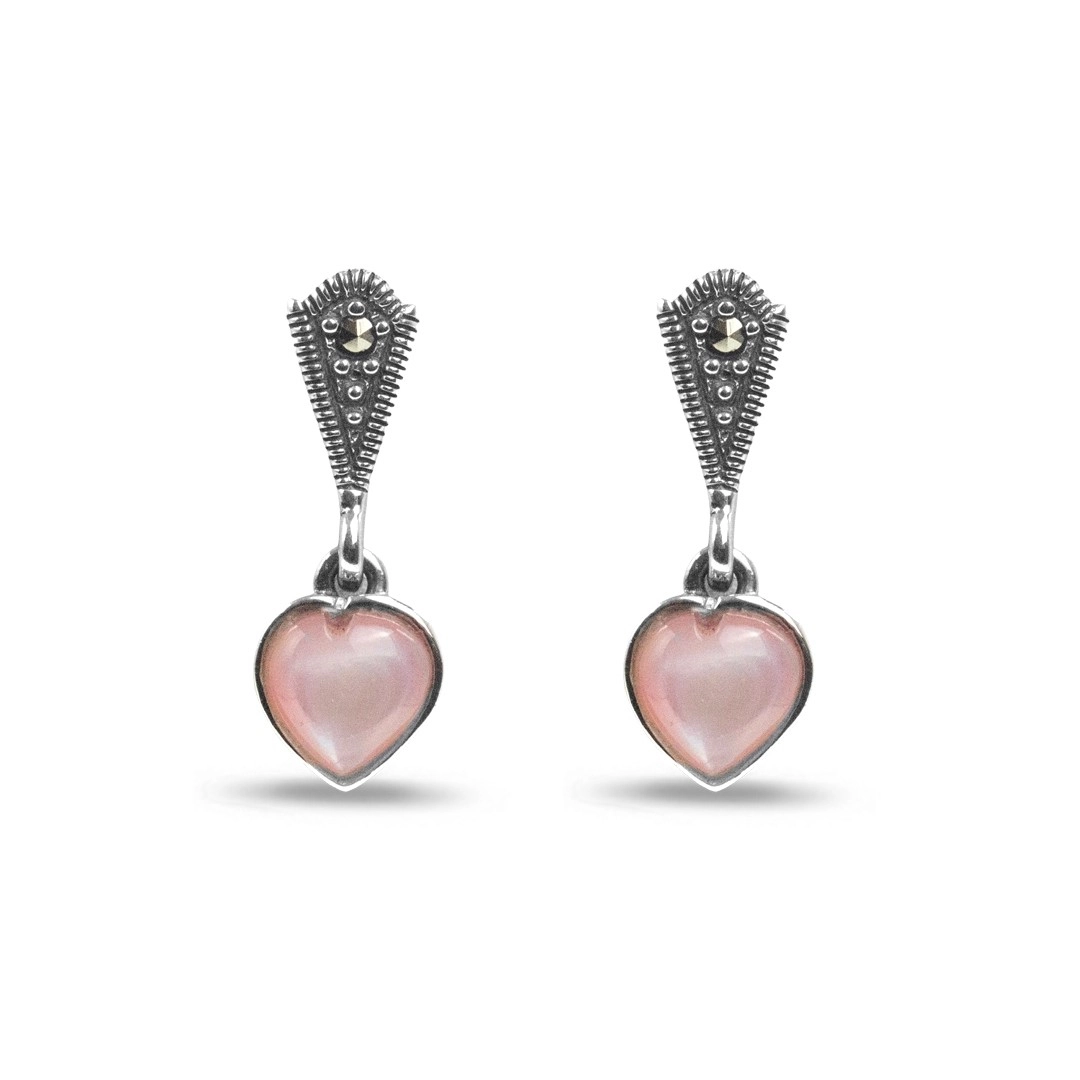 Brinco de Prata Balanço Coração com Marcassita e Madrepérola Rosa