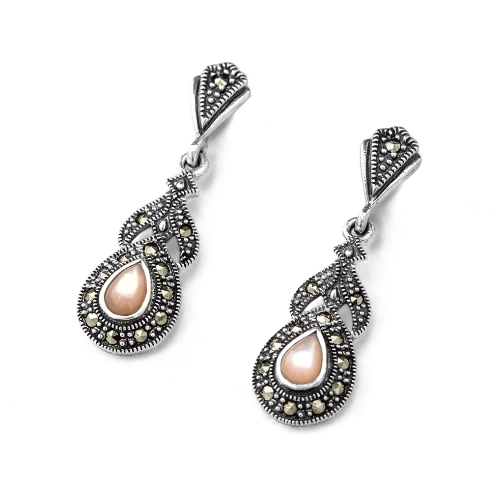 Brinco de Prata com Gota de Madrepérola Rosa e Marcassitas