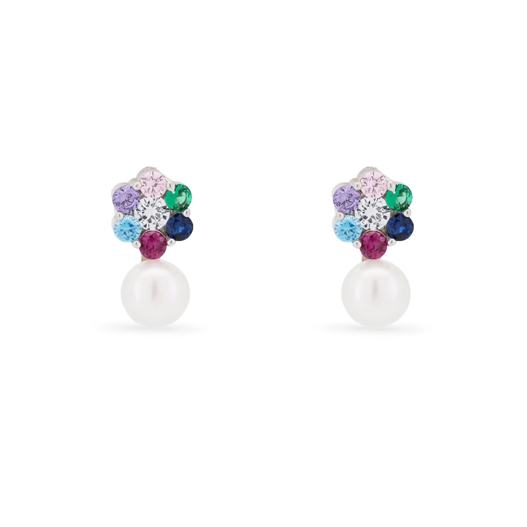 Brinco de Prata Flor Delicada com Zircônias e Pérola Biwa