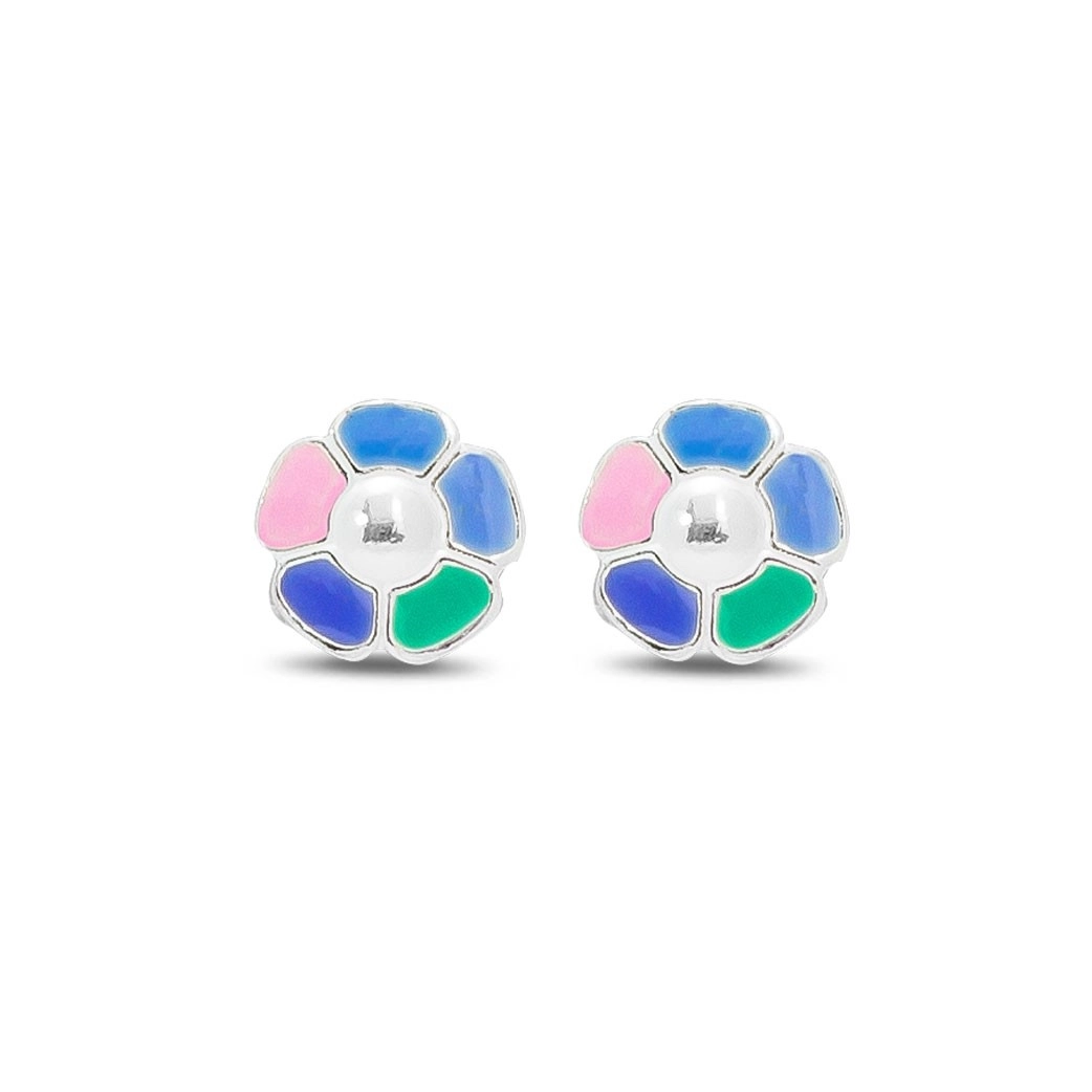 Brinco de Prata Infantil Top Flor Colorida e Esmaltada