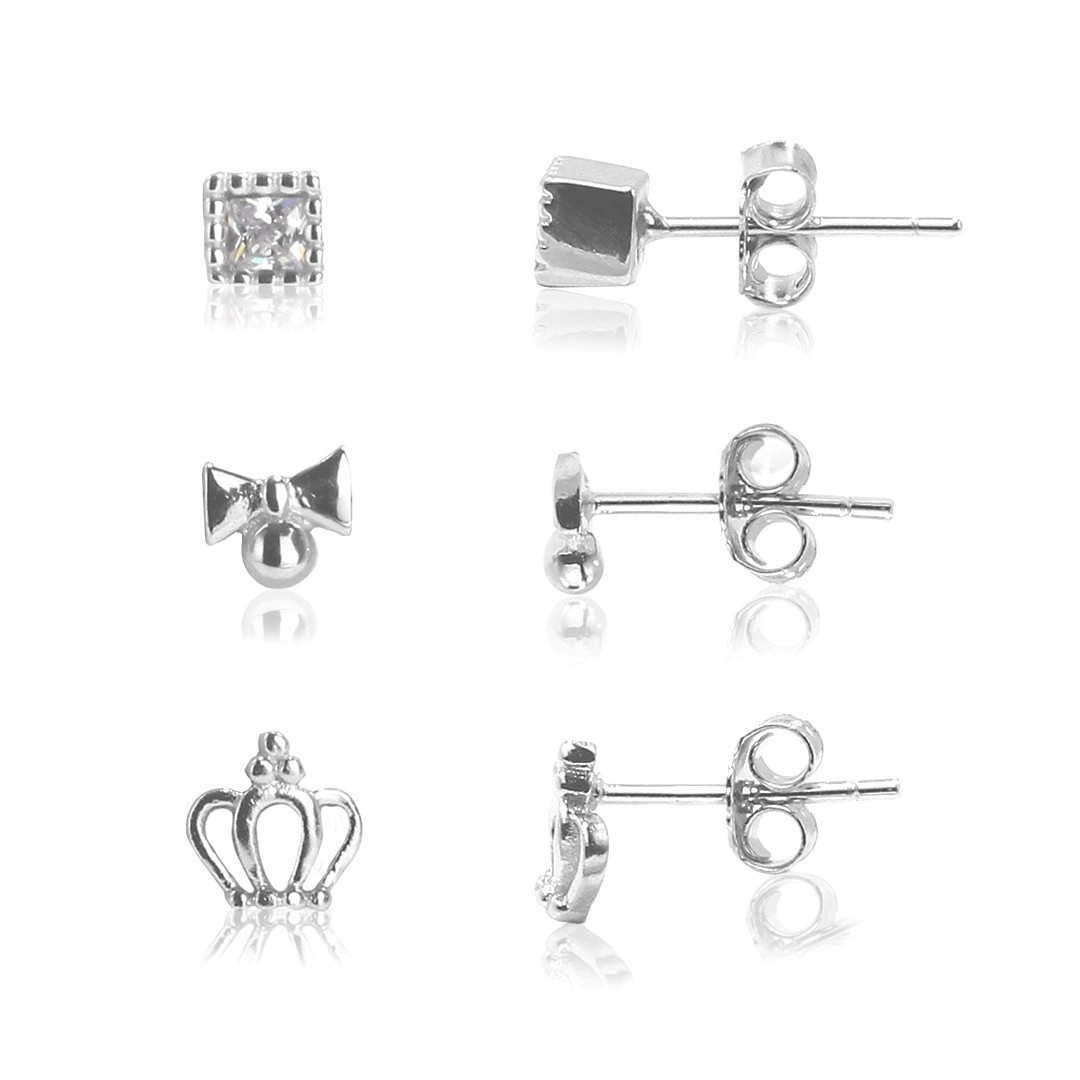 Brinco de Prata Kit Laço, Coroa e Quadrado com Zircônia Cristal