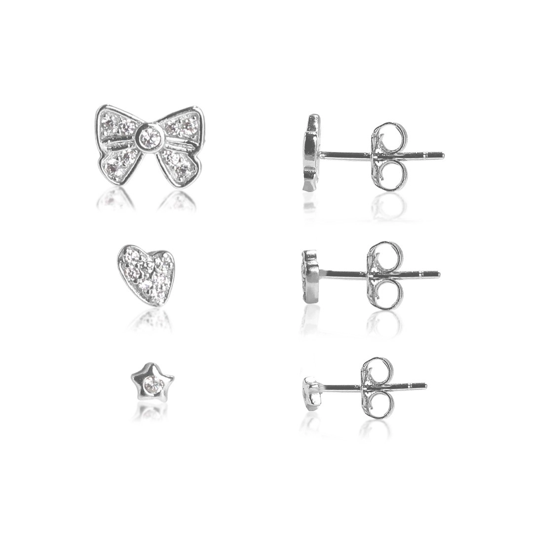 Brinco de Prata Kit Laço, Estrela e Coração com Zircônia Cristal