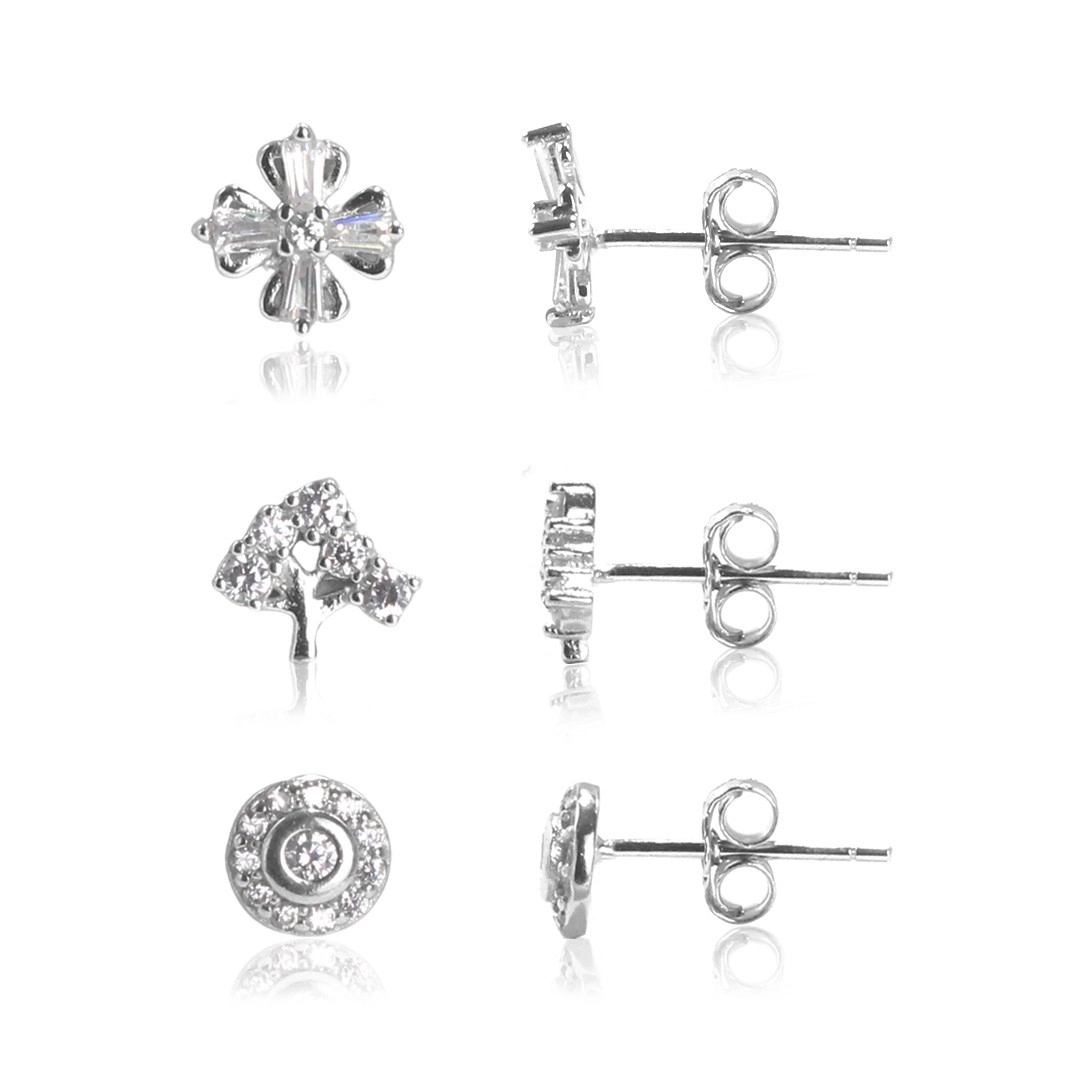 Brinco de Prata Kit Redondo, Flor e Árvore da Vida com Zircônia Cristal