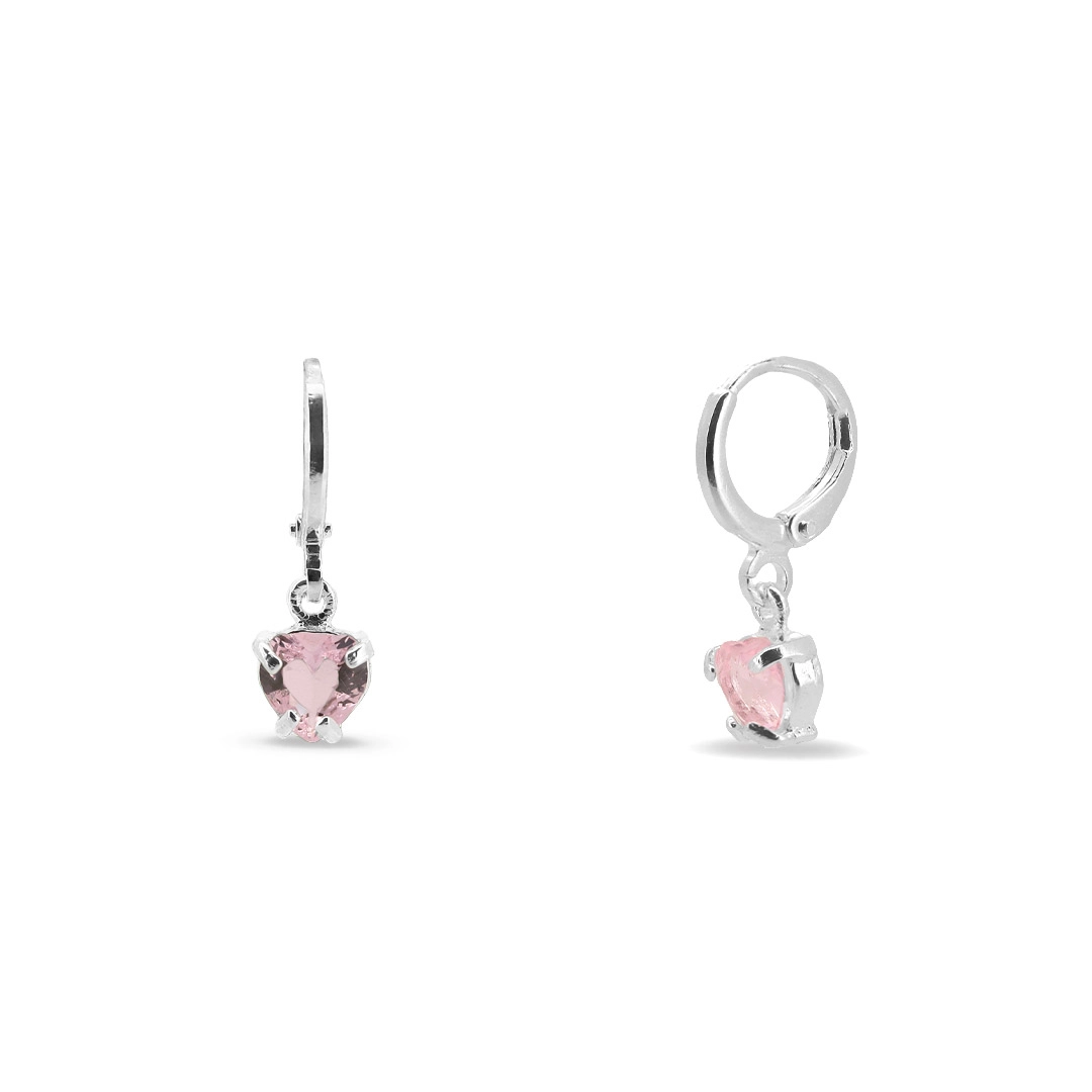 Brinco De Prata Leve Argola Articulada com Coração de Zircônia Rosa 