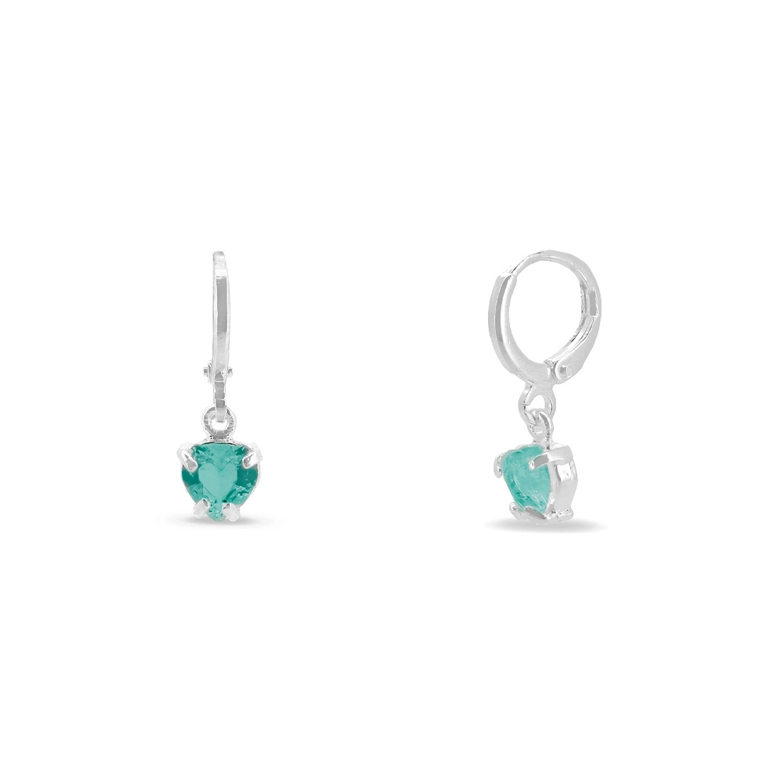 Brinco De Prata Leve Argola Articulada Com Coração De Zircônia Verde Paraíba