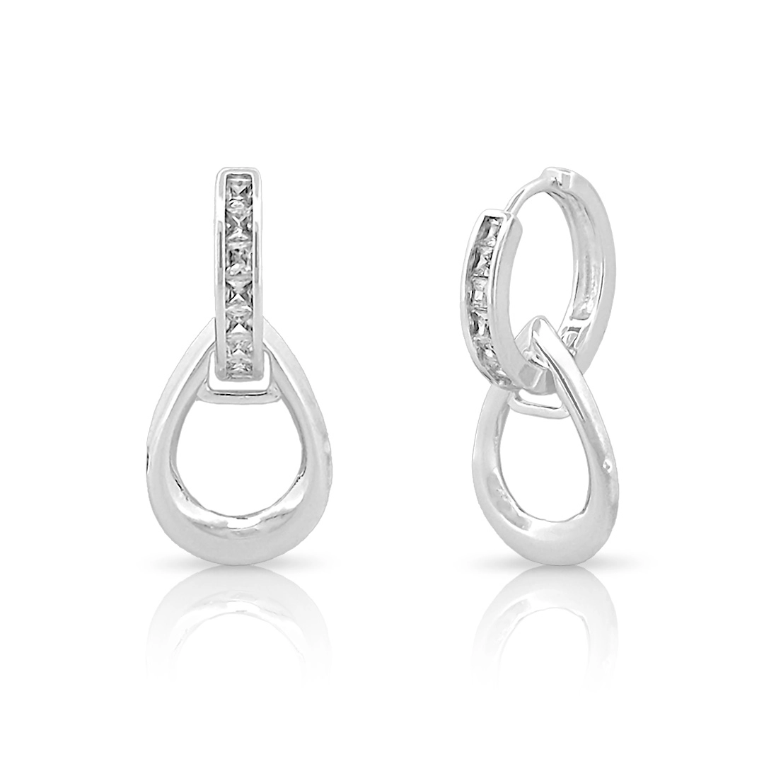 Brinco de Prata Leve Argola Clic com Zircônia Cristal e Gota Vazada