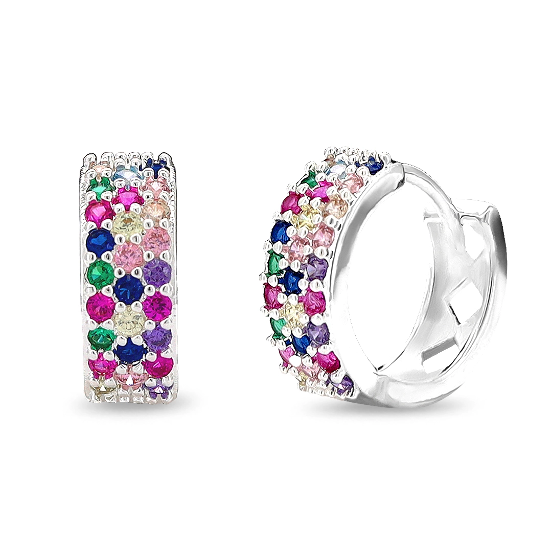 Brinco De Prata Leve Argola Clic Com Zircônias Coloridas 