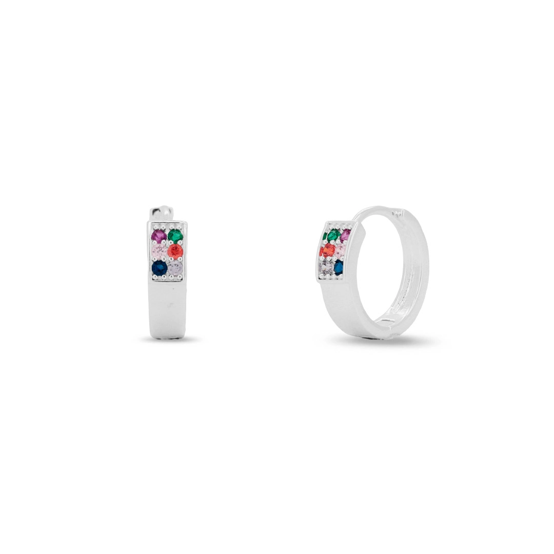 Brinco de Prata Leve Argola Clic com Zircônias Coloridas Cravejadas