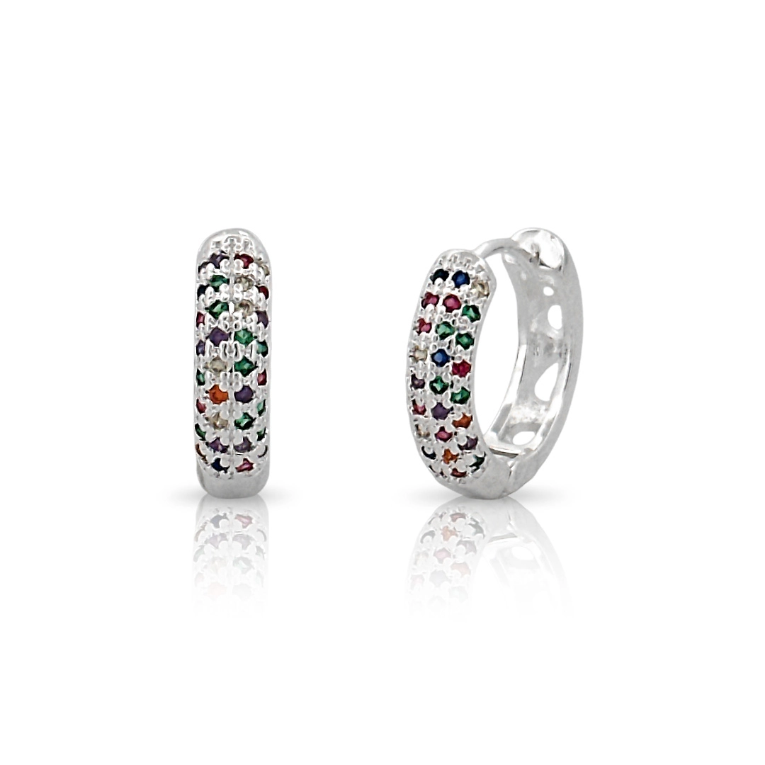 Brinco de Prata Leve Argola Clic com Zircônias Coloridas Cravejadas