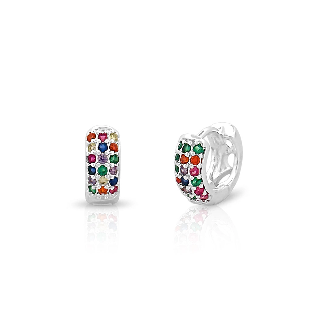 Brinco de Prata Leve Argola Clic com Zircônias Coloridas P