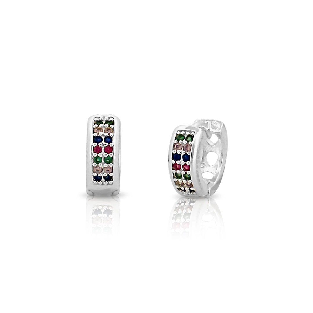 Brinco de Prata Leve Argola Clic com Zircônias Coloridas P