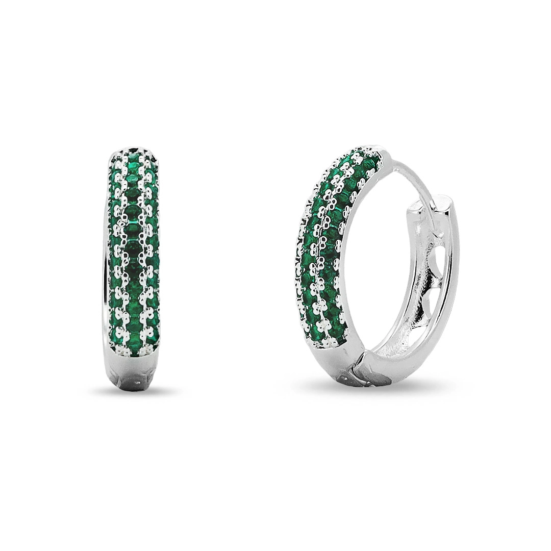 Brinco De Prata Leve Argola Clic com Zircônias Esmeralda 