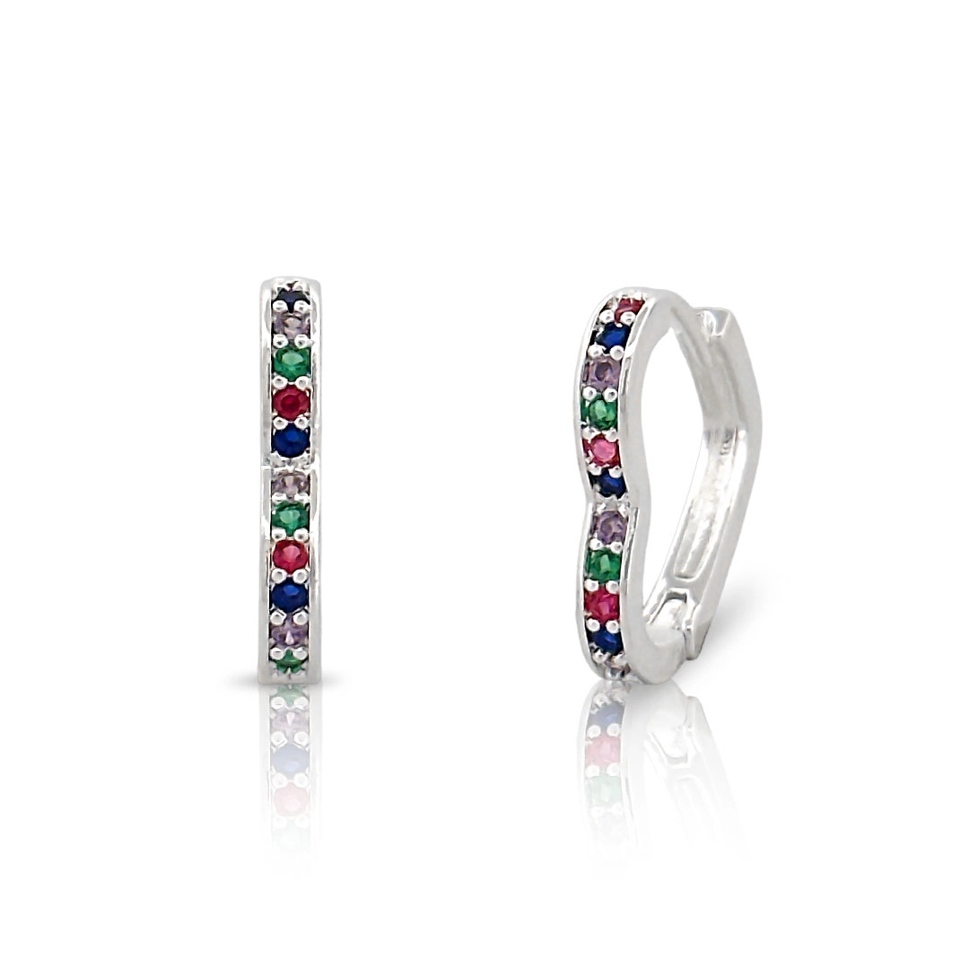 Brinco de Prata Leve Argola Clic Coração com Zircônias Coloridas