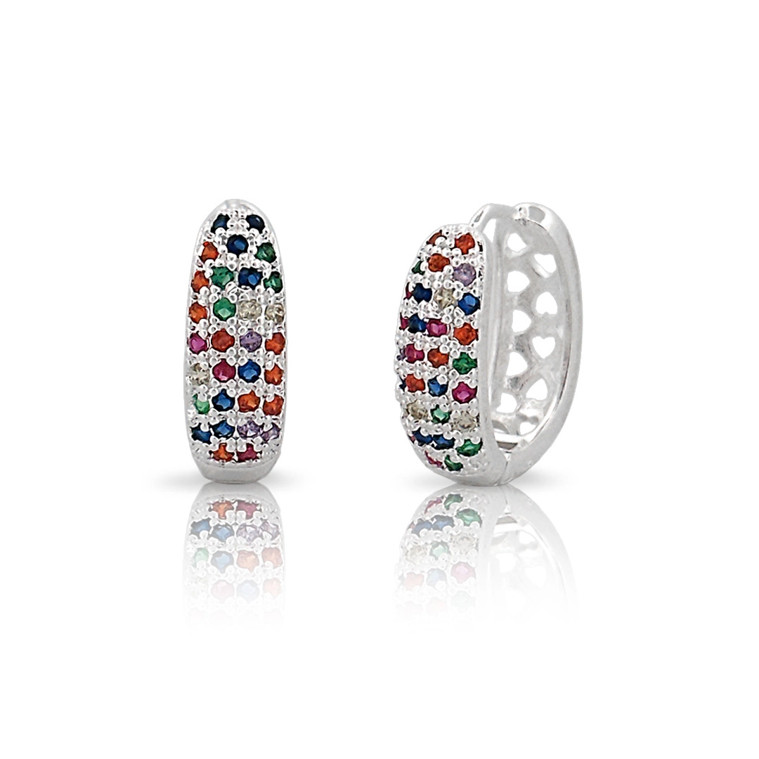Brinco de Prata Leve Argola Clic Oval com Zircônias Coloridas Cravejadas