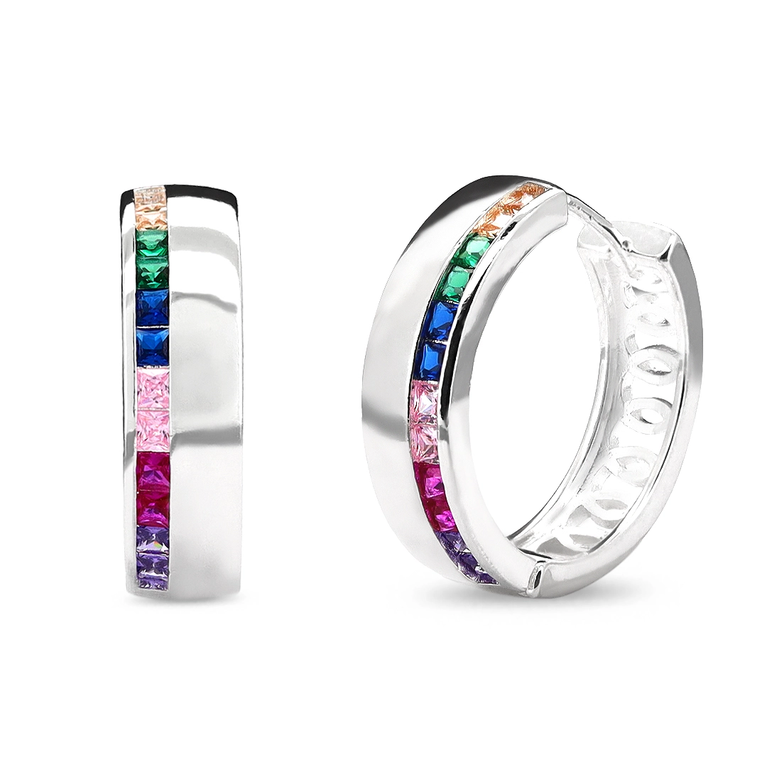 Brinco De Prata Leve Argola Com Zircônia Colorida
