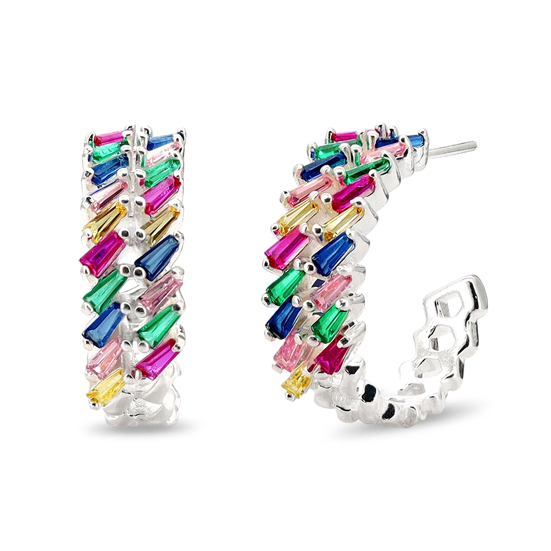 Brinco De Prata Leve Argola Com Zircônias Duplas Coloridas 