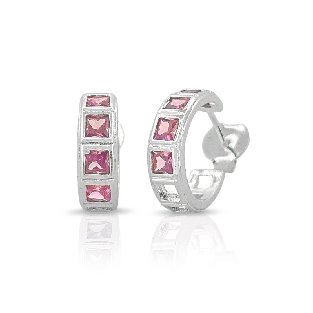 Brinco De Prata Leve Argola com Zircônias Quadradas Rosa