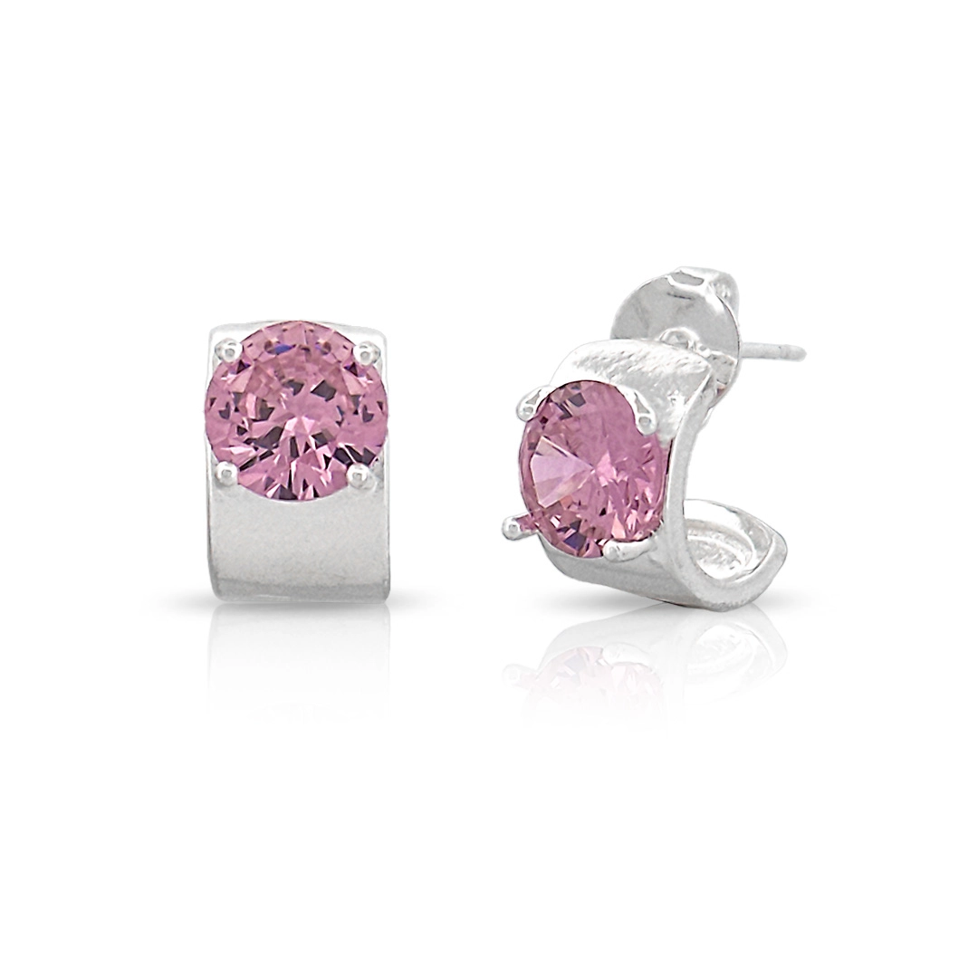 Brinco de Prata Leve Argola Espelhada com Zircônia Rosa