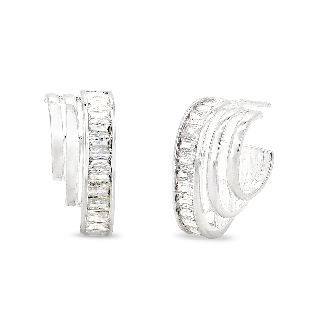 Brinco De Prata Leve  Argola Tripla com Zircônia Cristal 