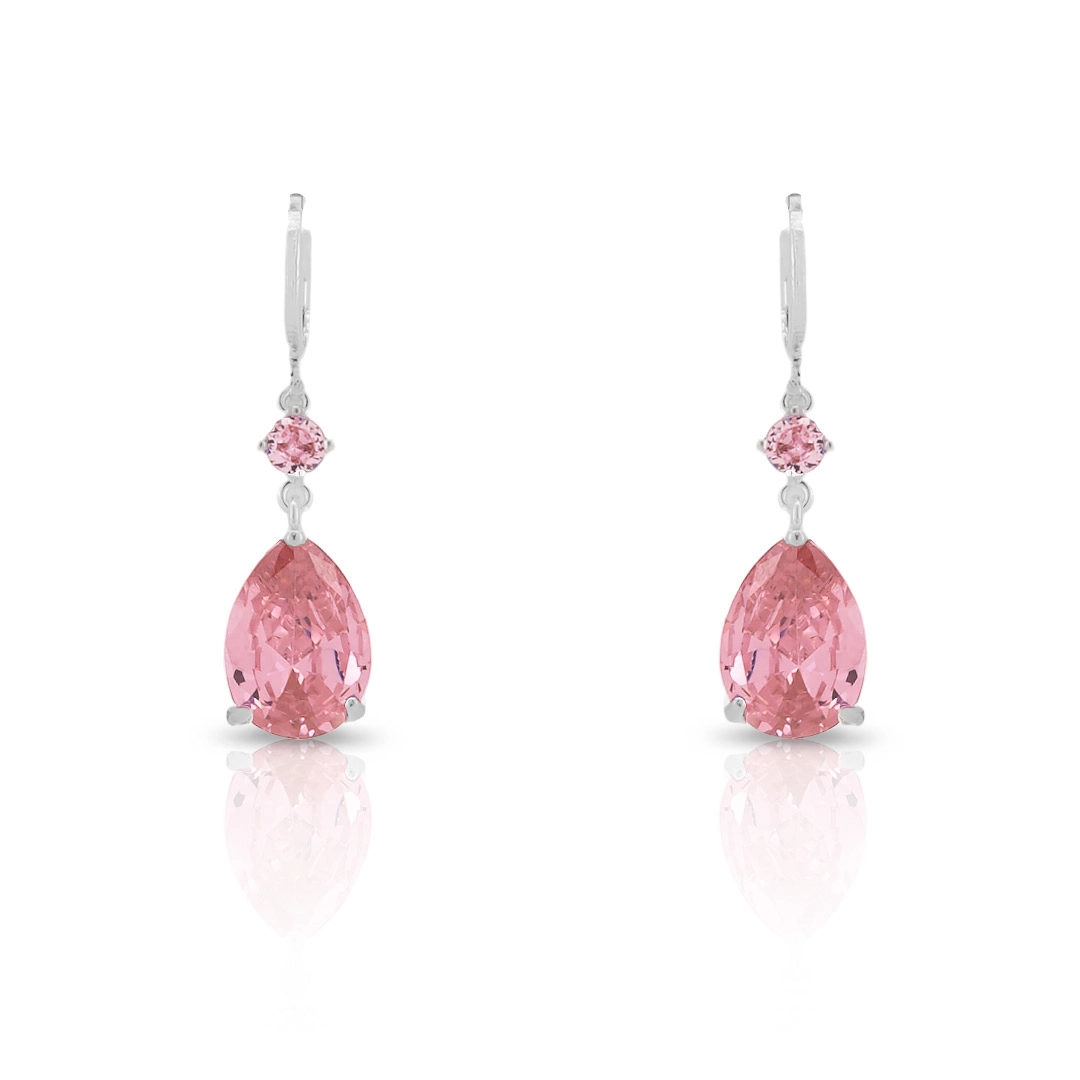 Brinco De Prata Leve Balanço Argola com Gota de Zircônia Rosa