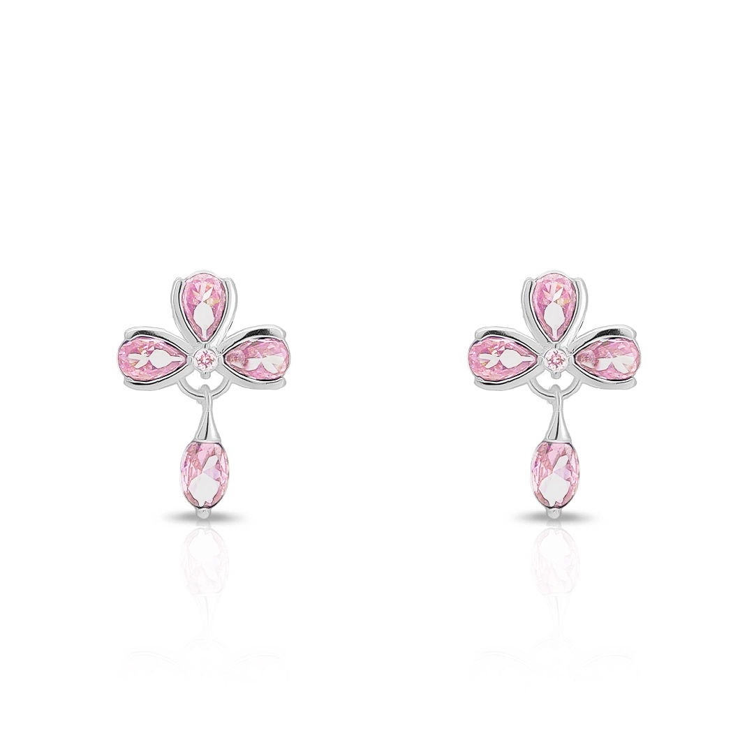 Brinco De Prata Leve Balanço com Meia Flor de Zircônia Rosa