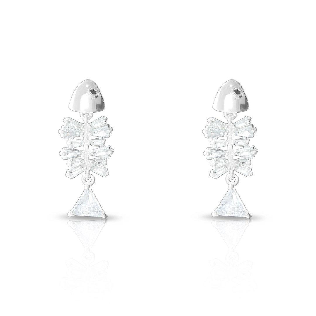 Brinco De Prata Leve Balanço Peixe Com Zircônia Cristal