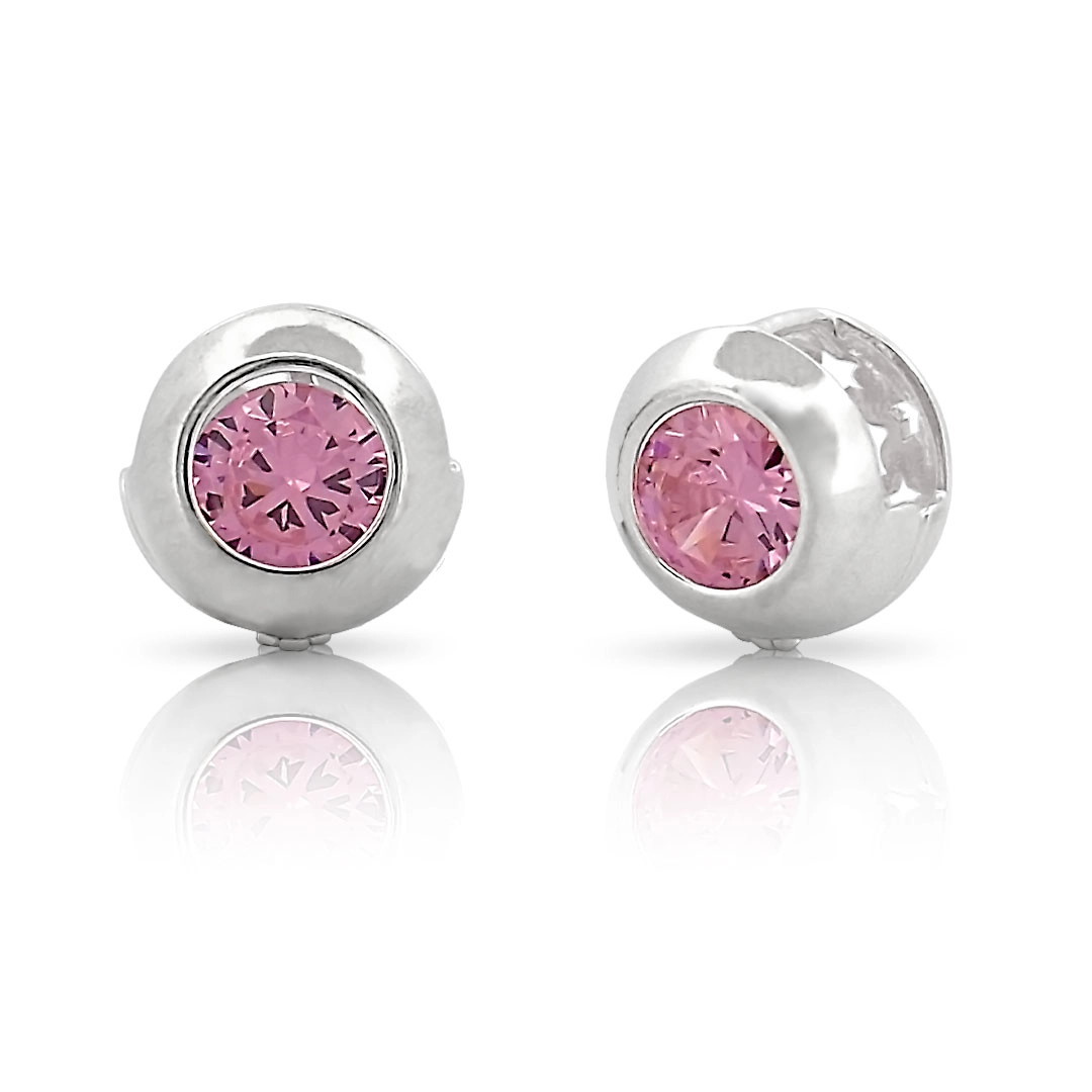 Brinco de Prata Leve Clic Redondo com Zircônia Rosa