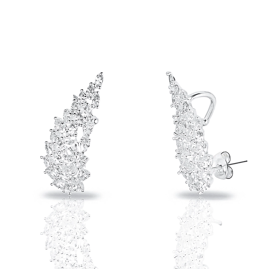 Brinco de Prata Leve Ear Cuff Asas em Zircônias Cristal