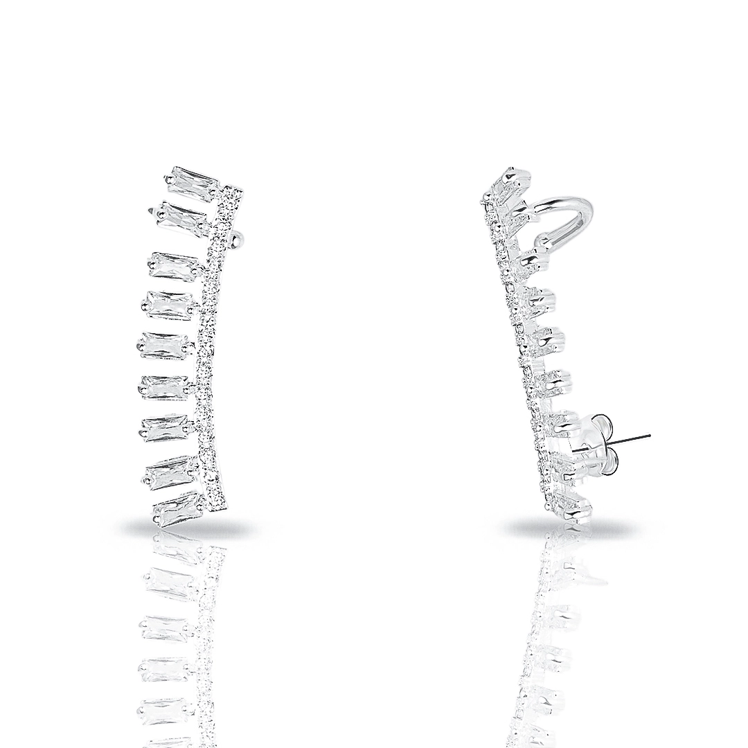 Brinco de Prata Leve Ear Cuff com Zircônias Cristal Retangulares