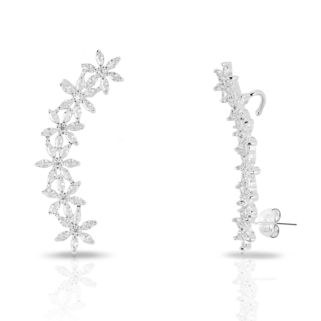 Brinco de Prata Leve Ear Cuff de Flores com Zircônias Cristal