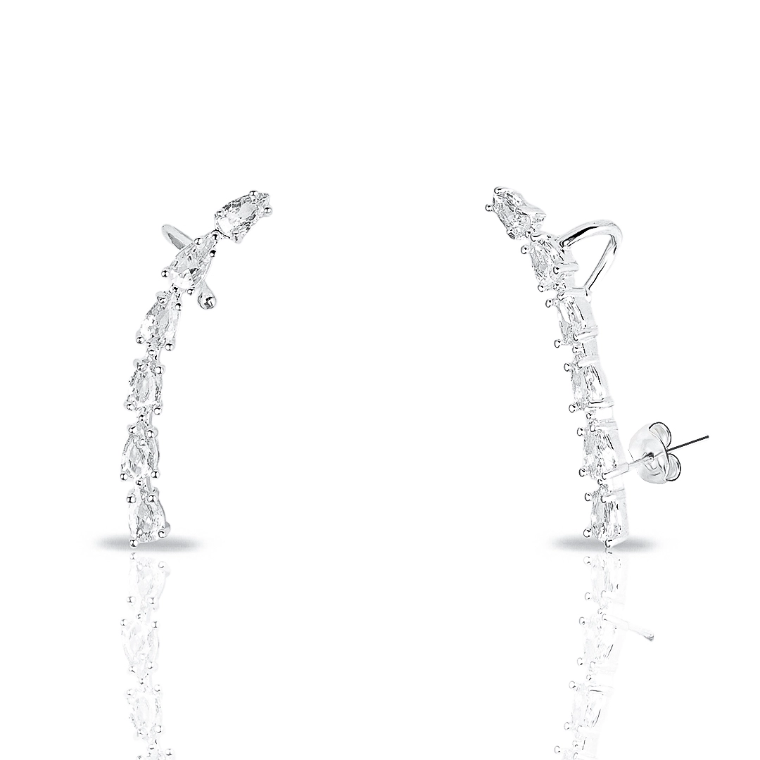 Brinco de Prata Leve Ear Cuff Delicado Com Zircônia Cristal Gota