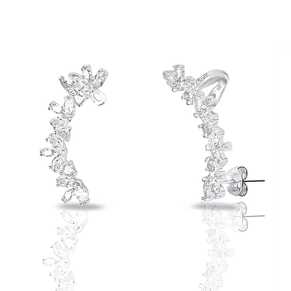 Brinco de Prata Leve Ear Cuff Delicado com Zircônias Cristal