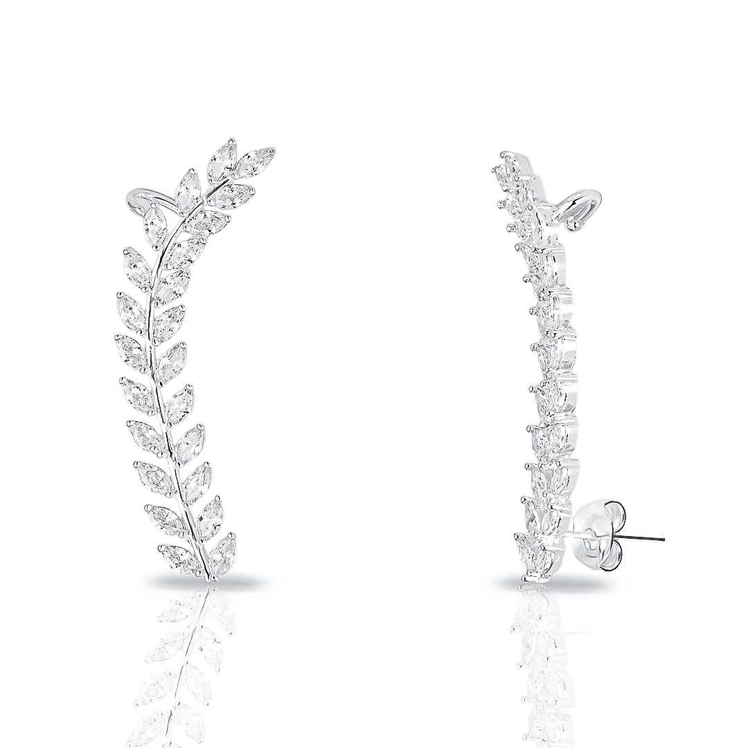 Brinco de Prata Leve Ear Cuff Folhas em Zircônias Cristal
